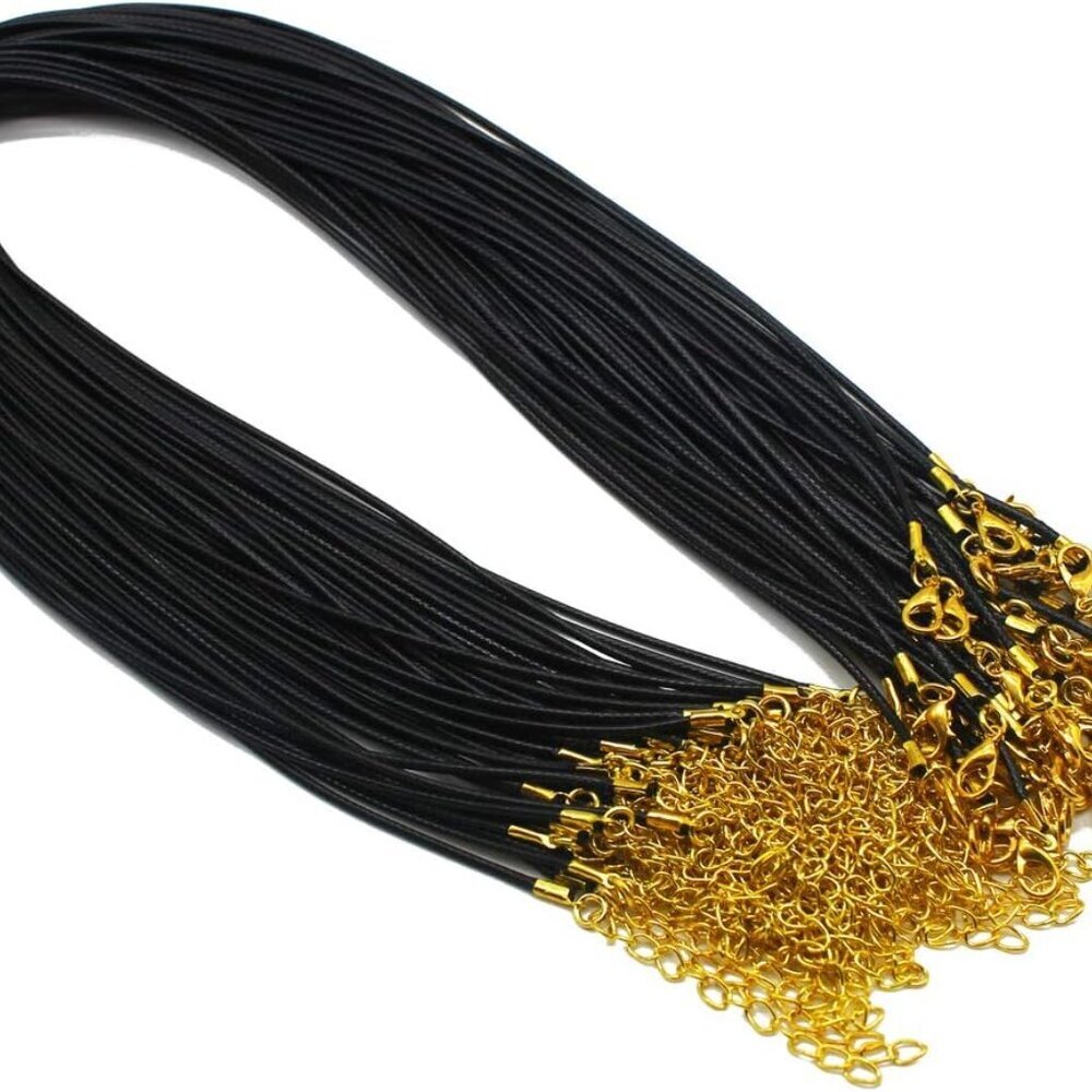 50 Pieces 1.5mm Black Waxed Necklace Cord with Gold Chain Lobster Clasp for Brac